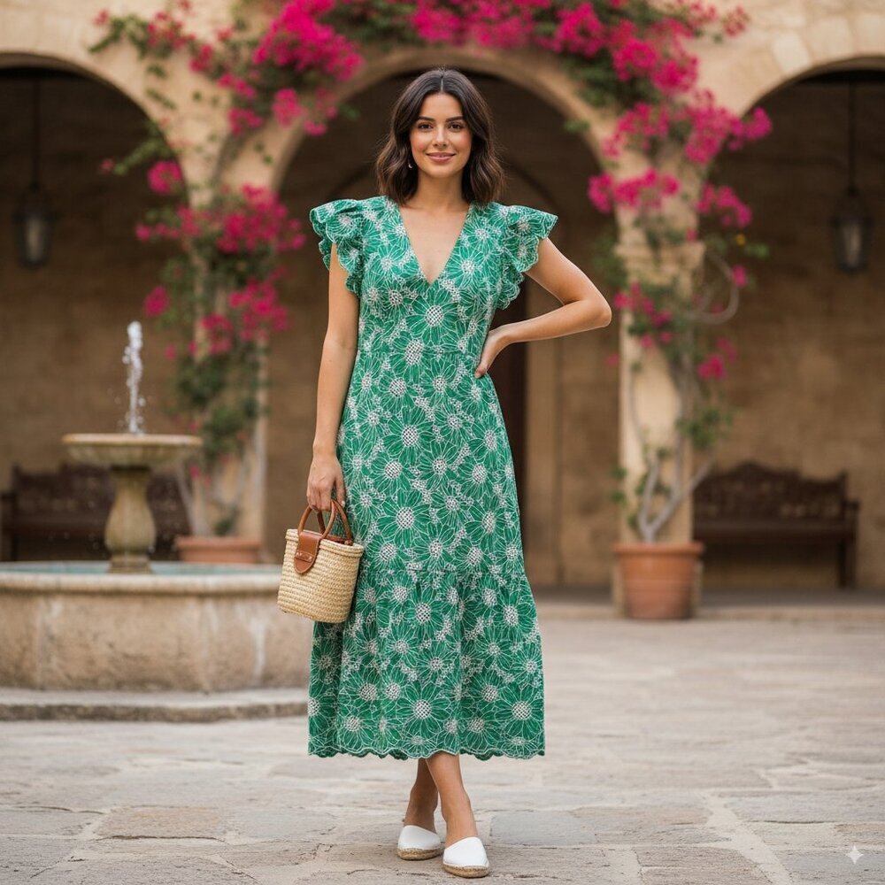 NWT Lost + Wander Zenith Cotton Midi Dress In Green Size Small